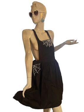 NWT* Modcloth Black overall Dress with White Spiderweb Embroidery and pockets